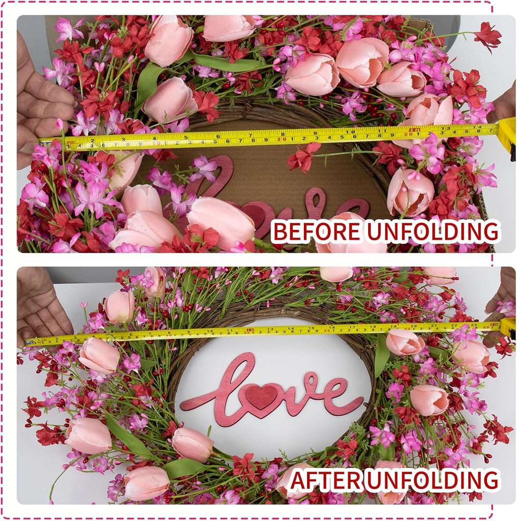 Valentines Day Wreath Decor, 22inch Artificial Pink Wreath with Tulip Berry Green Leaf Element, Valentines Wreaths