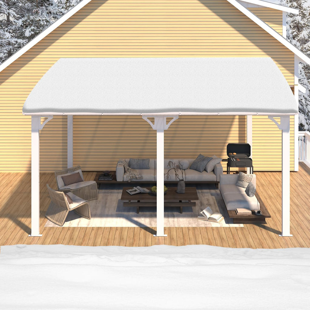 14' x 12' Hard Top Lean-to Gazebo - Aluminum Wall-Mounted Pergola with Waterproof Roof, White