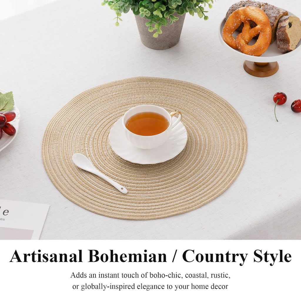 15 inch Round Placemats, Cotton Polyester Woven Braided Place Mats, Washable Heat Resistant Circle Table - Set of 6