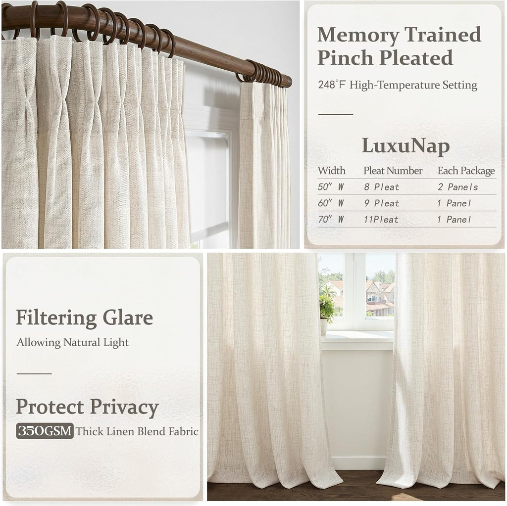 Birch Thick Linen 50 Inch Wide Viral Curtains 90 Inches Long for Sliding Glass Doors 2 Panels Set, Memory Shape Pinch