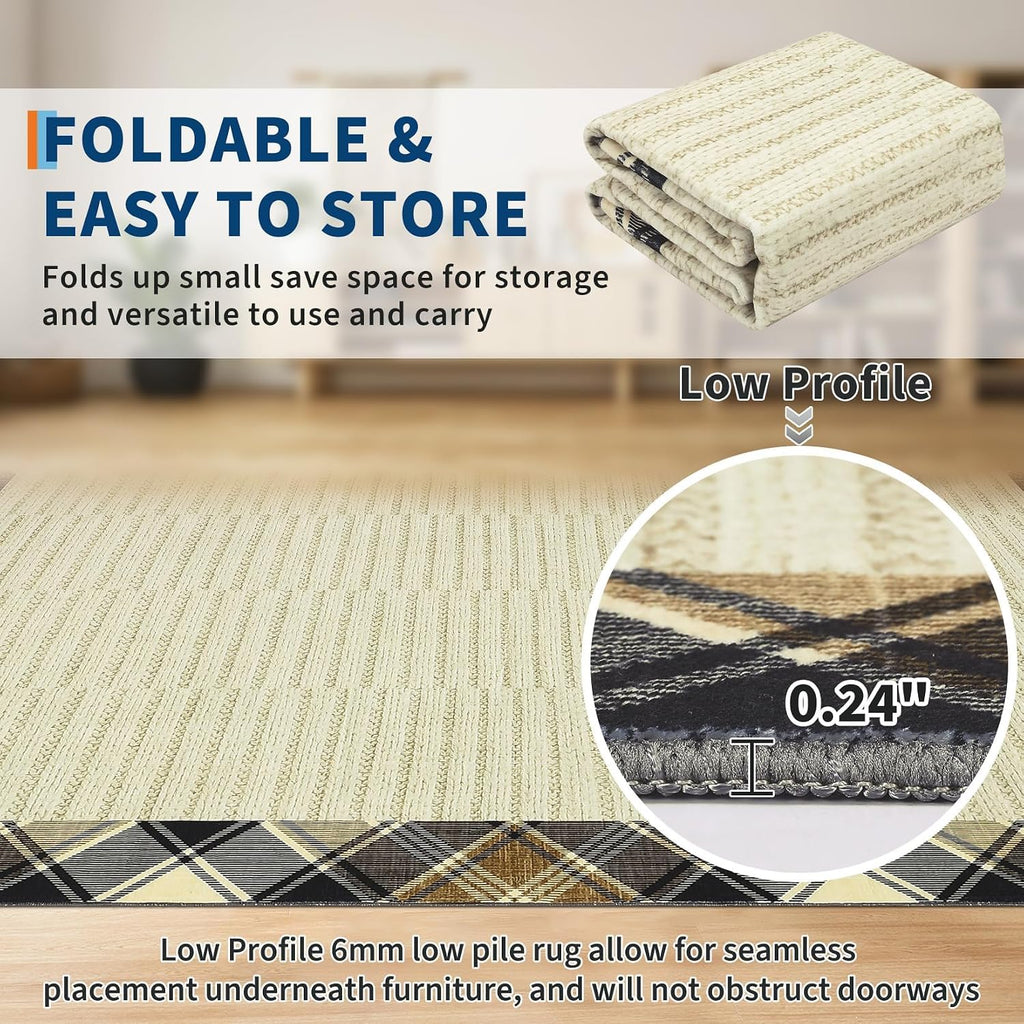 Extra-Large Machine Washable Area Rugs 10x13 Modern Plaid Bordered Living Room Rug with Anti-Skid Rubber Backing