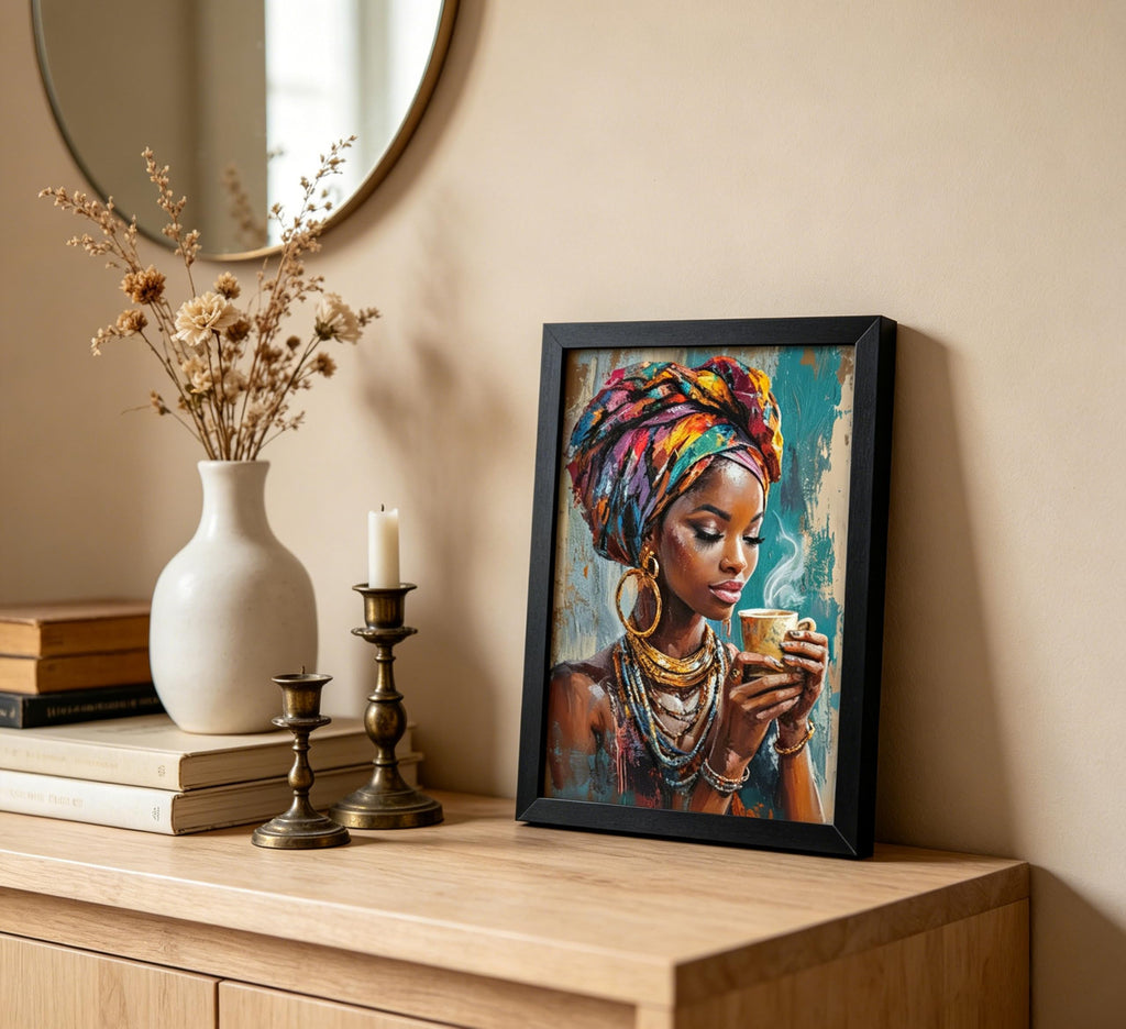 Framed Black Woman Canvas Wall Art, African American Wall Decor, Fashion Modern Abstract Painting Picture, Coffee