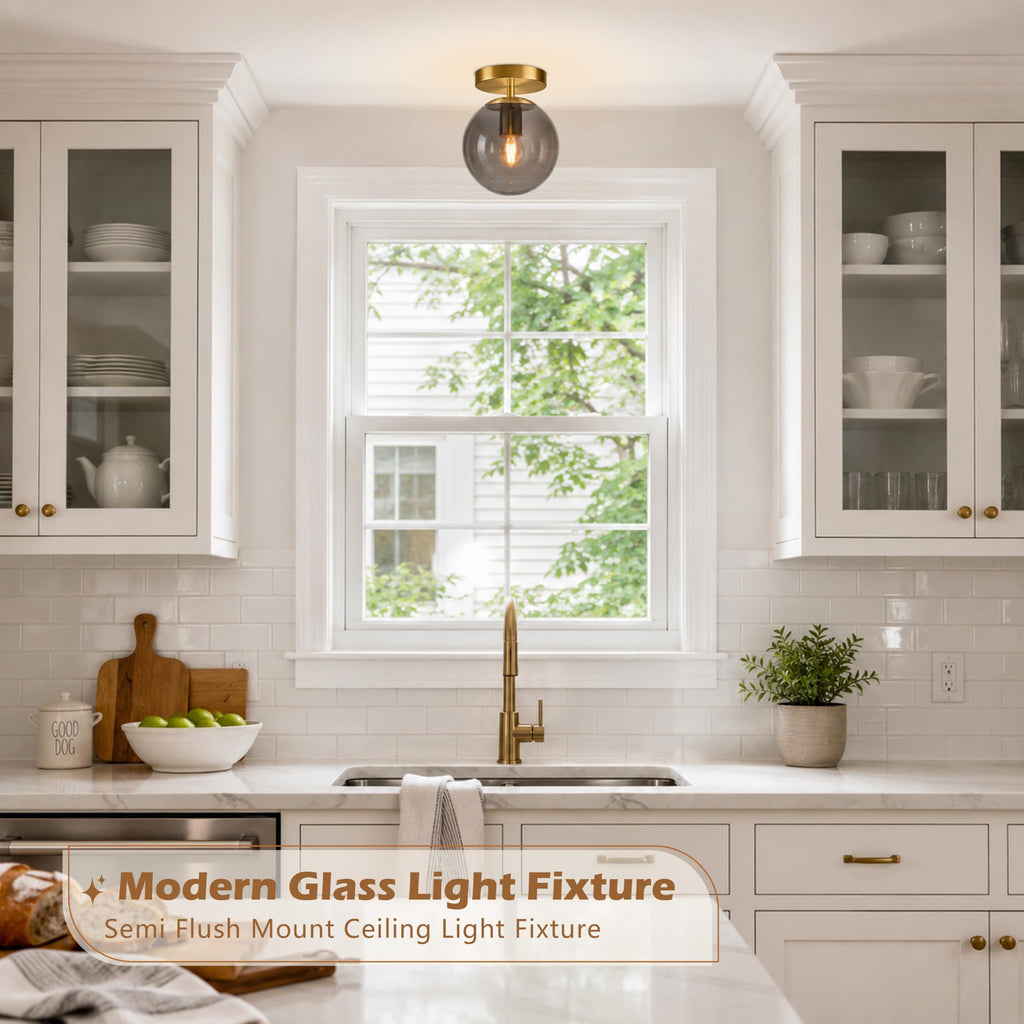 6" Gold Modern Glass Globe Ceiling Lights Mid Century Ceiling Light Fixtures with Smoke Grey Glass Semi Flush Mount