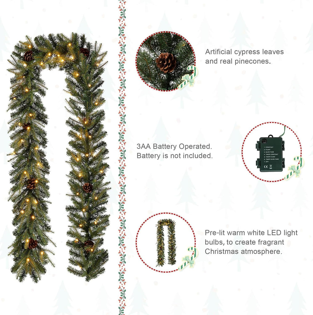 For Mantle, Prelit Greenery Garland Pine Cone Christmas Garland with Warm White LED Lights and Timer for Fireplace