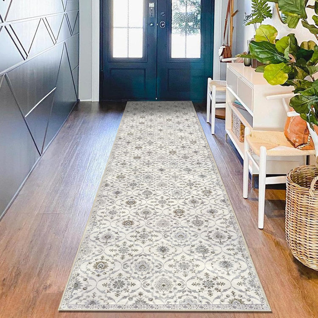2.6x10 Moroccan Runner Rug, Cream Beige Grey Super Soft Washable Hallway Entryway Runner Rug, Accent