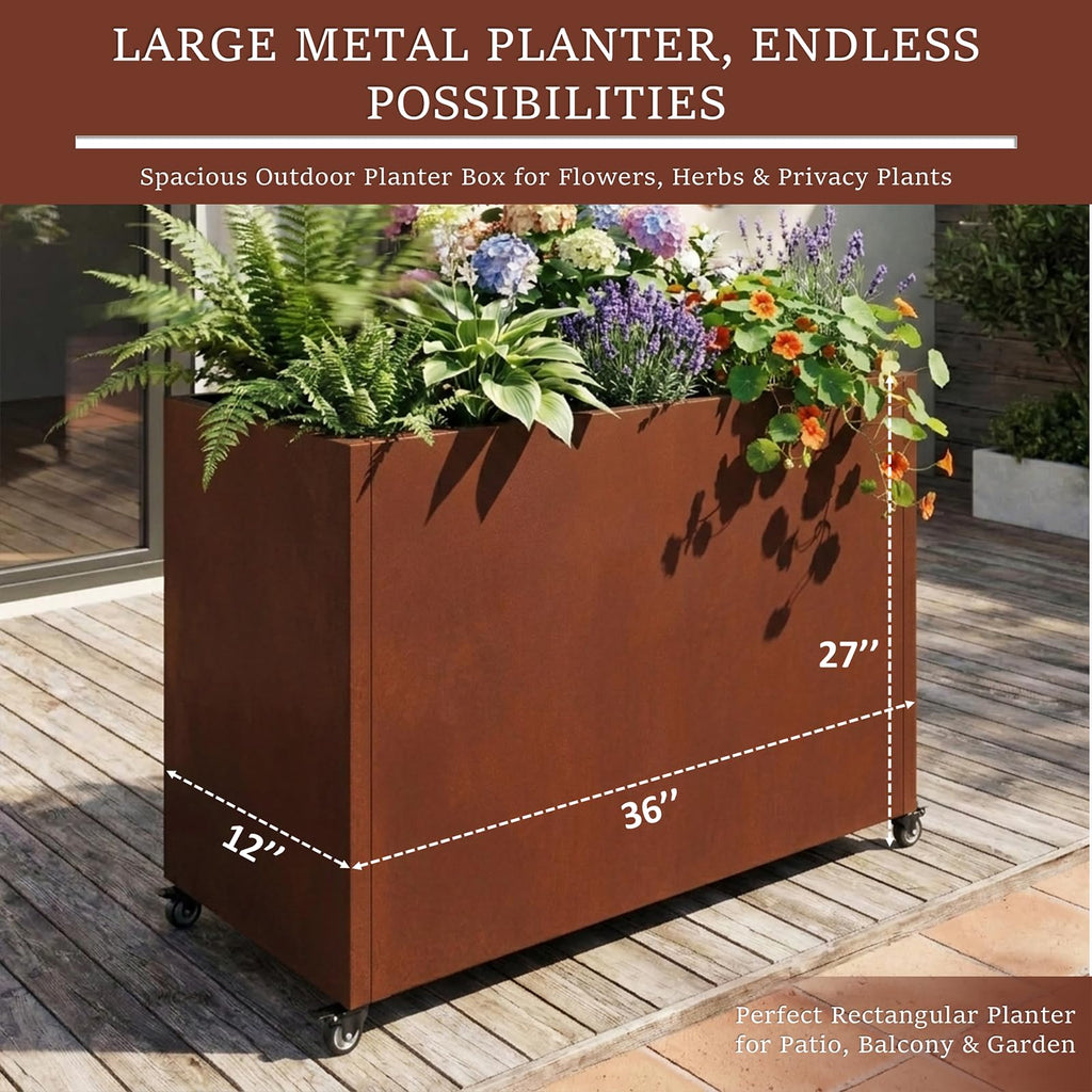 36" L x 12" W x 27" H Corten Steel Planter Box with Wheels