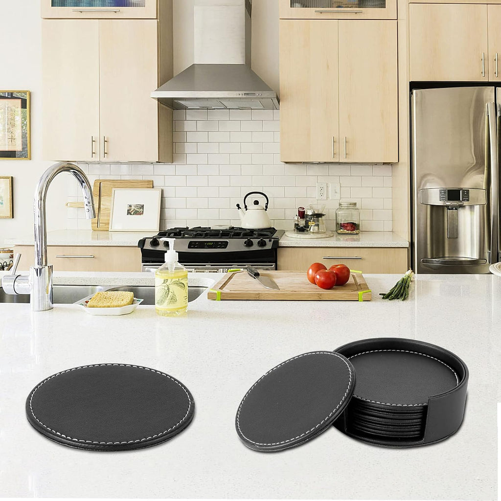 Durable Round Black Leather Coaster for Drinks with Holder (6 Pack) - Set of 6