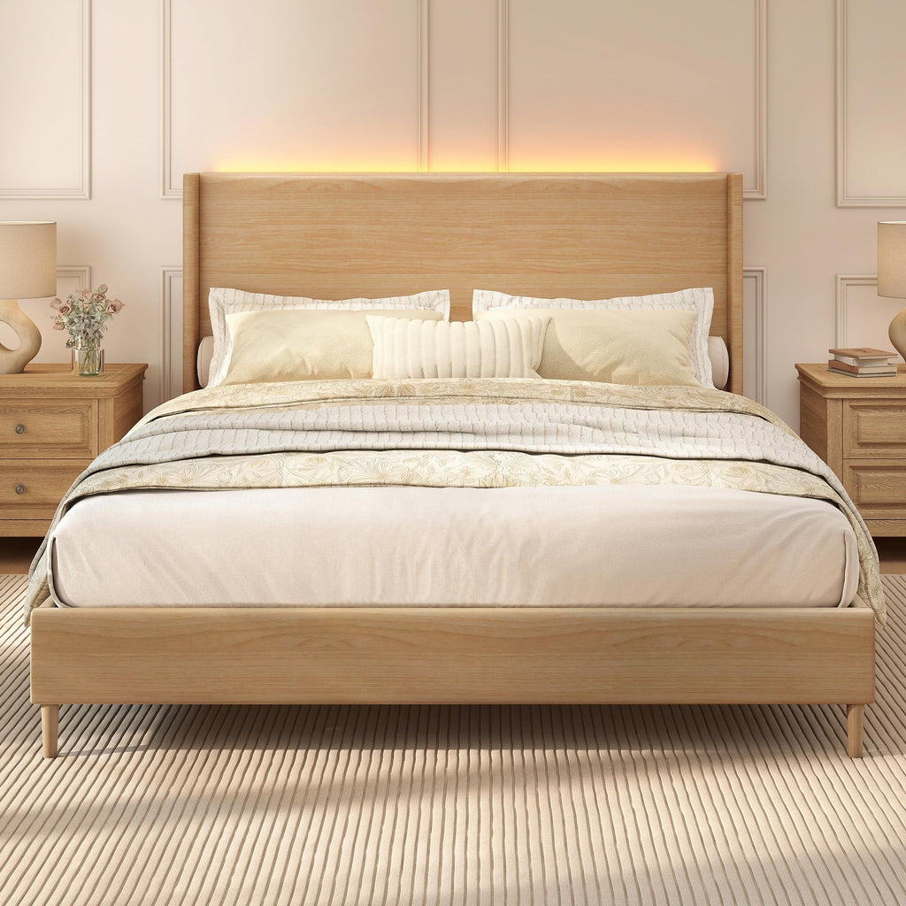 King LED Bed Frame, Faux Leather Natural Oak Grain Printed Finish