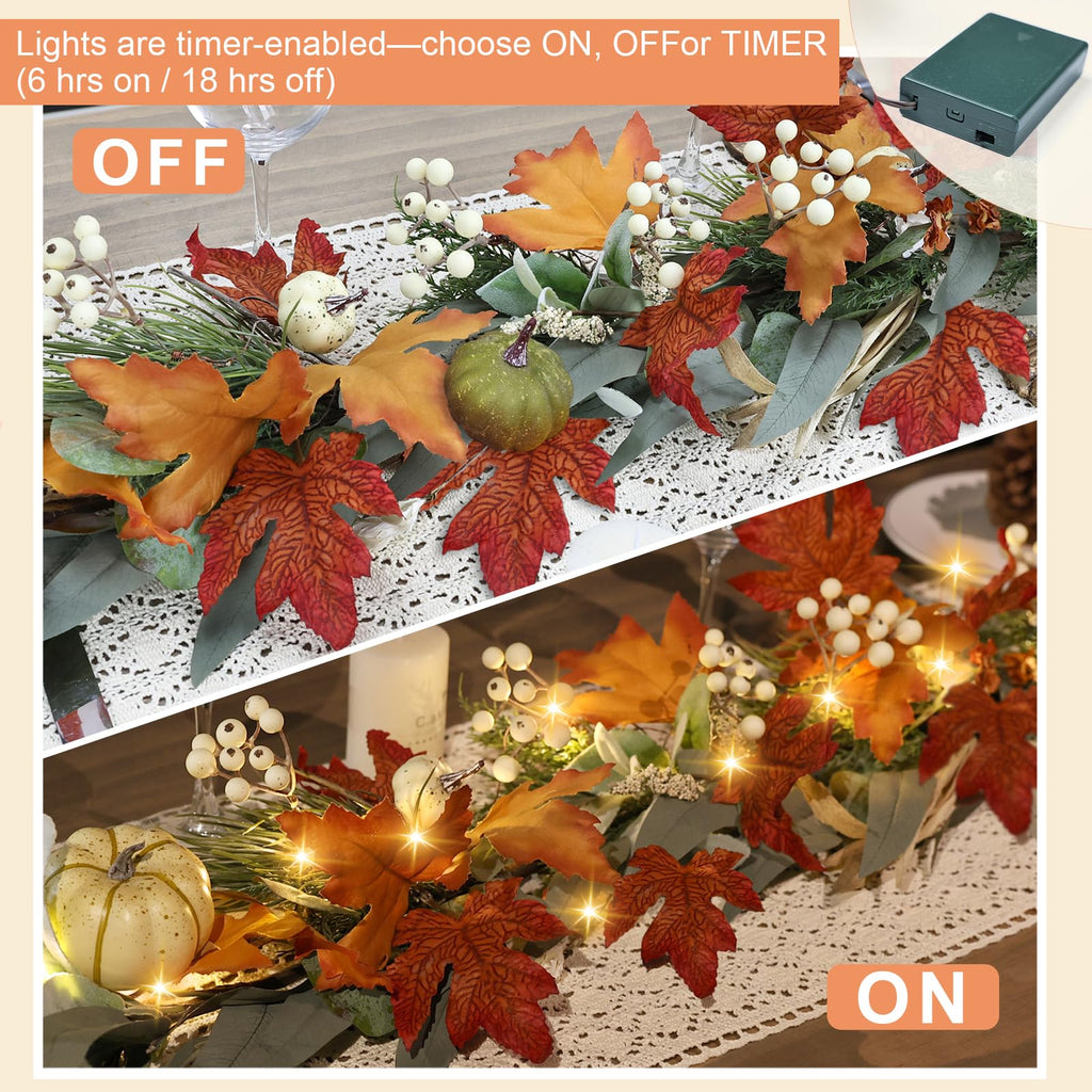 Realistic Fall Garland for Mantle 6 Ft Fall Maple Leaves Garlands with Lights/Timer Pumpkin Garland for Thanksgiving