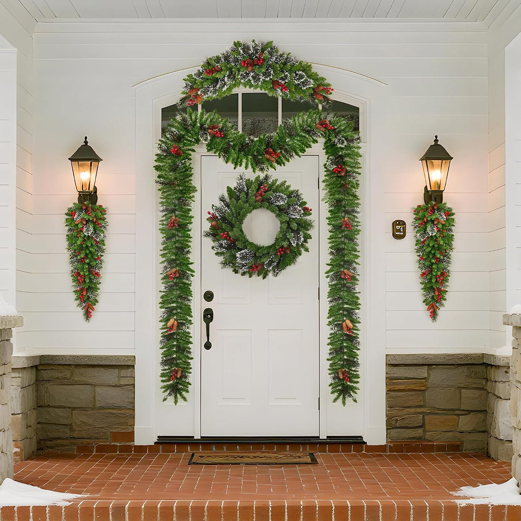 Pre-Lit LED Artificial Christmas Garlands Set of 6-2 Pcs Long Garlands, 2 Pcs Teardrop Decorations, 1 Round Wreath &