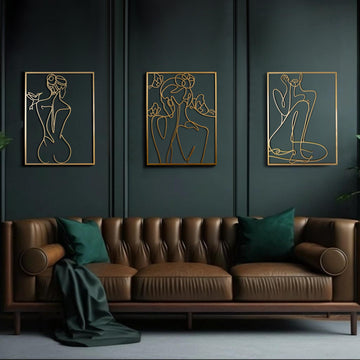XL Gold Metal Wall Art - 18x24 Inches, 3 Piece - Female Line Art Silhouette - Gold Wall Decor Living Room Bathroom