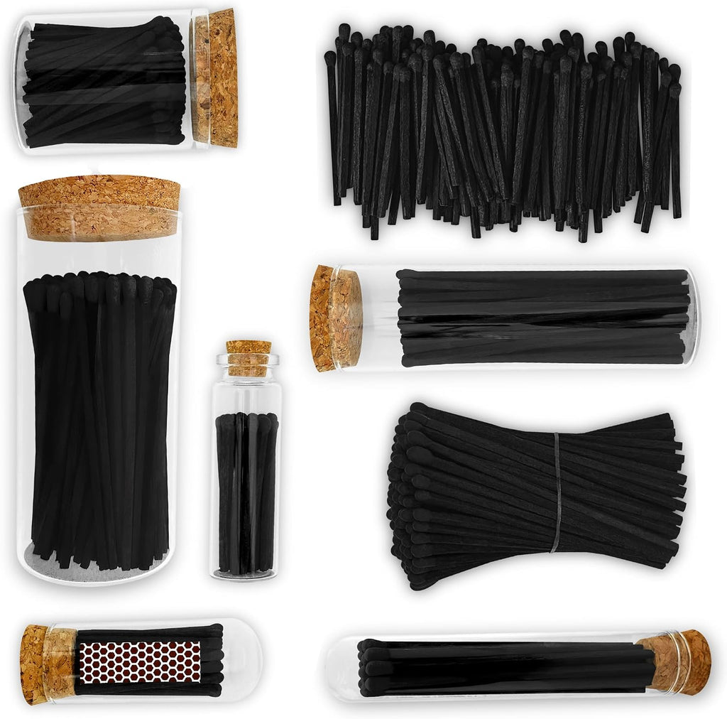 Decorative Matches in a Glass Jar | 4" All Black Long Matches (100 Match Sticks) + Cork Top Glass Holder + Striker