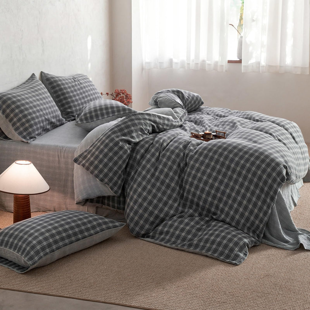 Vintage Grey Plaid Duvet Cover Gingham Bedding Set Full 100% Cotton Muslin Retro Plaid Checkered Comforter Cover Soft