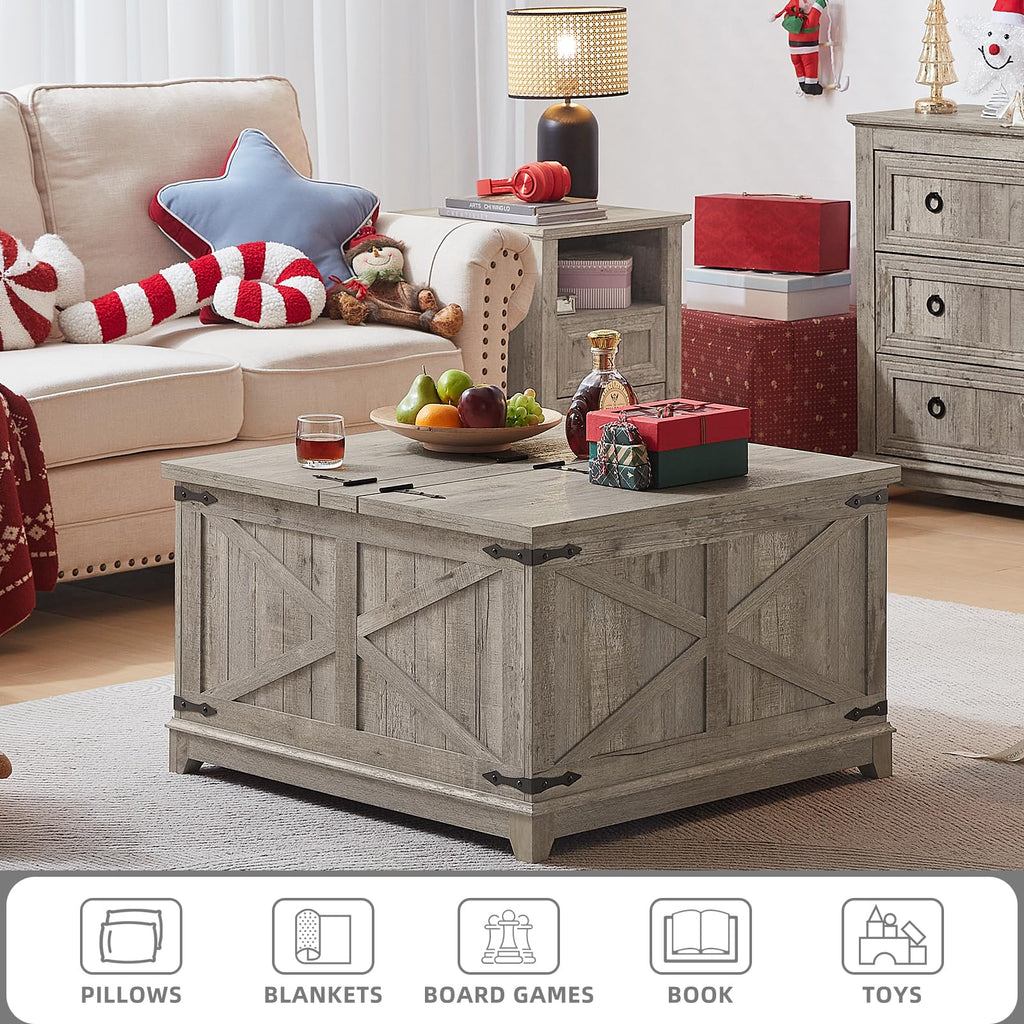 Farmhouse Coffee Table with Hidden Storage Organizer, Modern Square Large Center Table, Wood Farm House Low Rustic