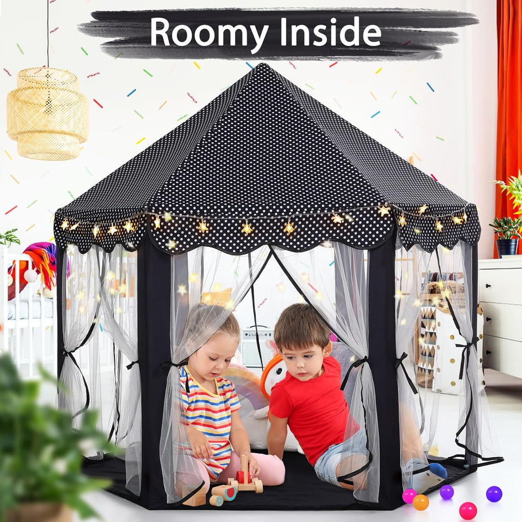 Princess Tent Girls Black Large Playhouse Kids Castle Play Tent with Star Lights Gift Toy for Children Indoor