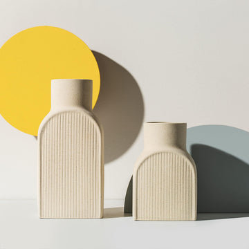 Ceramic Ribbed Vases - 2 Piece Set, Small and Large Vase, Bottle Flower Planter Set. Scandi Style Home Decor. Neutral