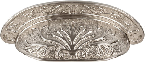 Baroque Scroll Work Brushed Nickel Drawer Bin Pull | Centers: 2 1/2" | Cup Pull Handle for Antique Cabinet Door