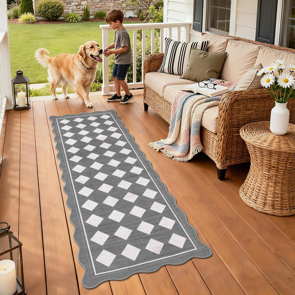 Checkered Hallway Runner Rug 2x6, Non Slip Washable Mat, Grey