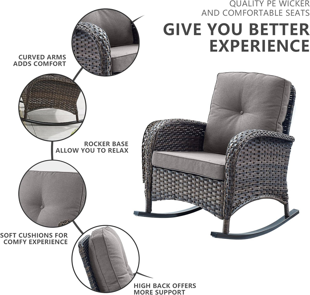 Wicker Porch Rocking Chairs - 3 Pieces Patio Bistro Set High Back Outdoor Rocker Chairs Set with Side Table for Deck