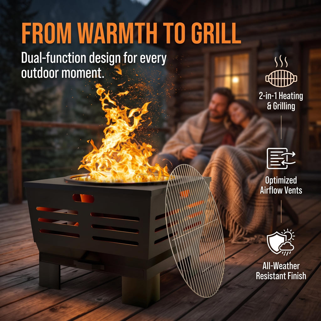 24" Heavy Duty Fire Pit with BBQ Grill, Ash Pan Drawer & Poker