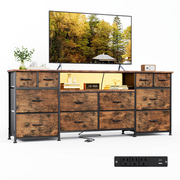 63 Inch 12 Drawers Long Dresser, Chest of Drawers, TV Stand with LED & Power Outlets, Entertainment Center with