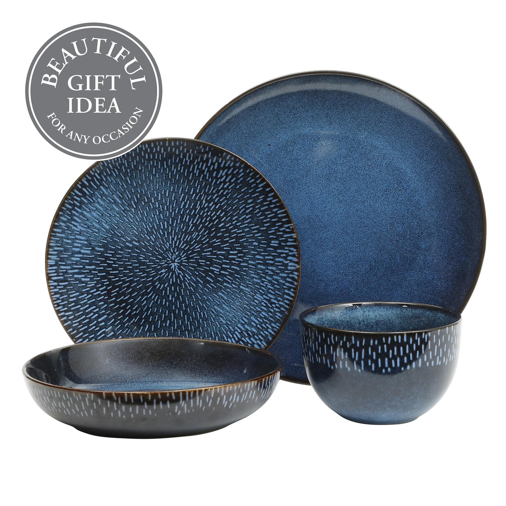 Matisse 16-Piece Dinnerware Set - Double Bowl Reactive Glaze Cereamic Stoneware in Blue - Plates and Bowls Sets