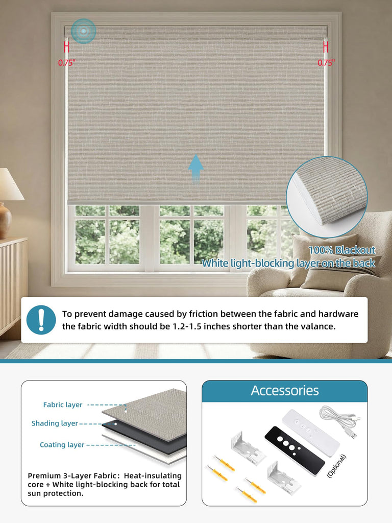 Motorized Smart Roller Shades, 100% Blackout Safari Cream