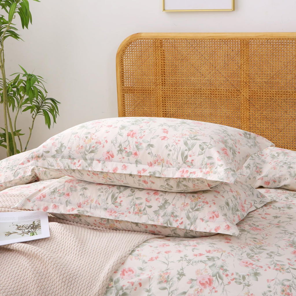 100% Cotton Duvet Cover Floral Bedding Set 3 Pieces Pink Floral Leaf Print Cottage Core Duvet Cover Set