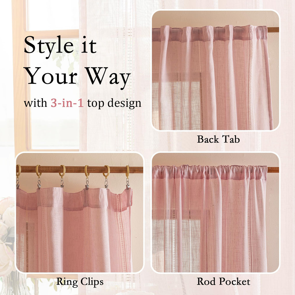 Pink Curtains Semi Sheer Boho Curtain Light Filtering Short Window Treatment Privacy Protect Hollowed-Out Drapes