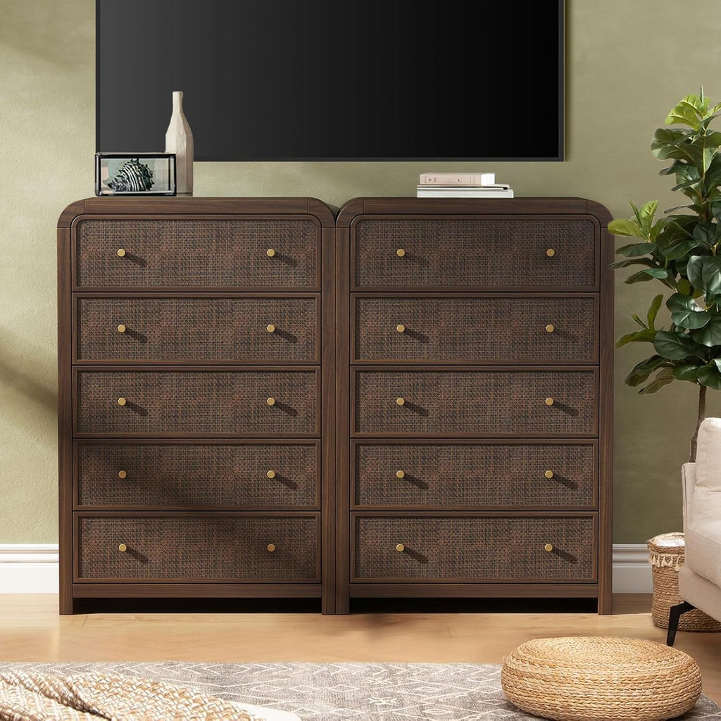 5 Drawer Tall Dresser , 47'' Rattan Dresser with Ample Storage, Boho Chest of Drawers, Thickened Curved Profile