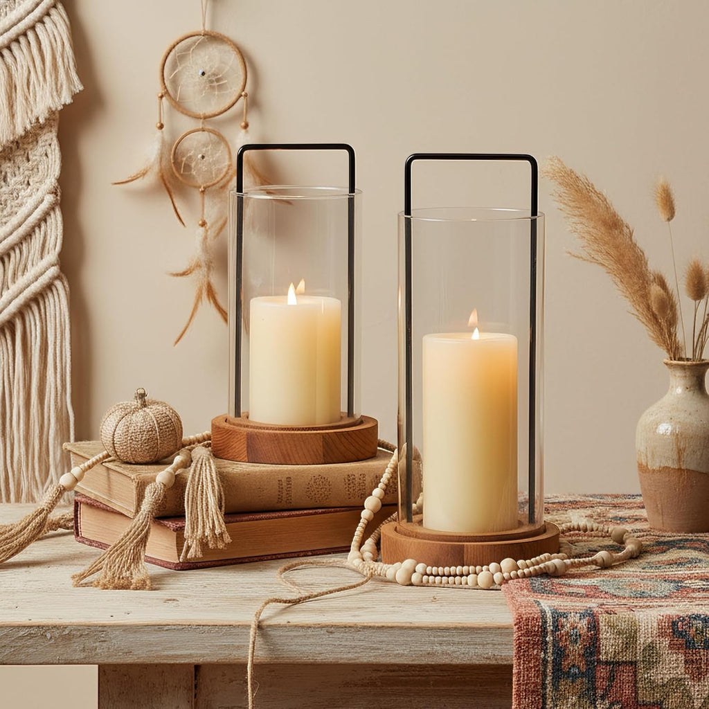 Set of 2 Hurricane Candle Holders Lantern 12" & 10"with Wood Base Metal Handle Glass Cylinder Modern Farmhouse Decor