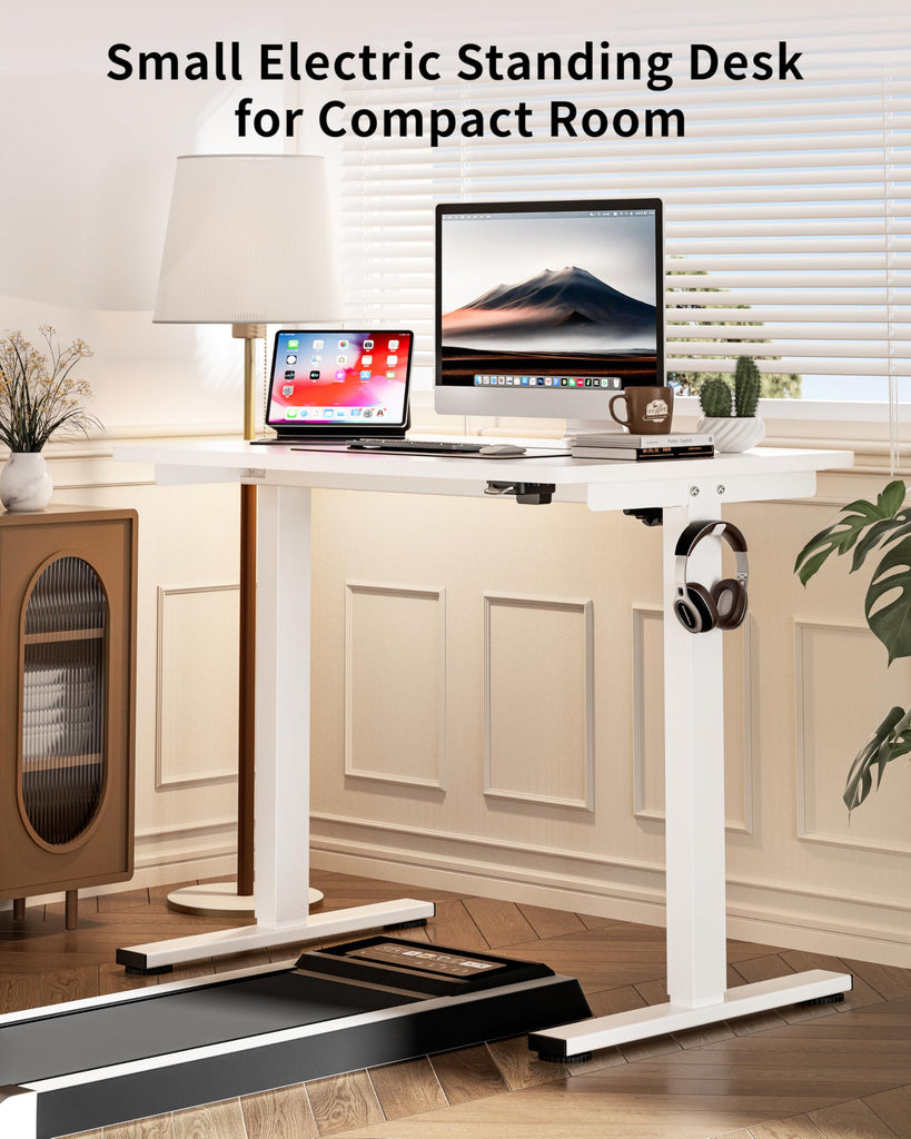 Small Electric Standing Desk, 36" x 24" Whole Piece Height Adjustable Desk, White Sit to Stand Computer Workstation