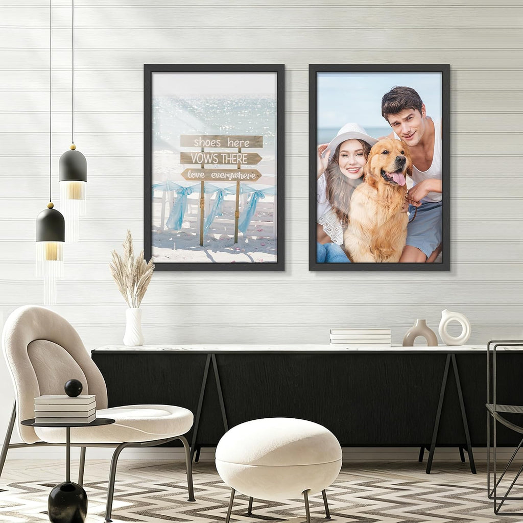 Solid Wood 24x36 Poster Frame 2 Pack, Black Wood Grain 36x24 inch | Horizontal or Vertical Wall Mounting, 36x24