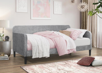 Savannah Twin Daybed, Velvet Upholstery, Clean Lines, Rounded Track Arms, Slim Wooden Feet, Full Slat System, Silver