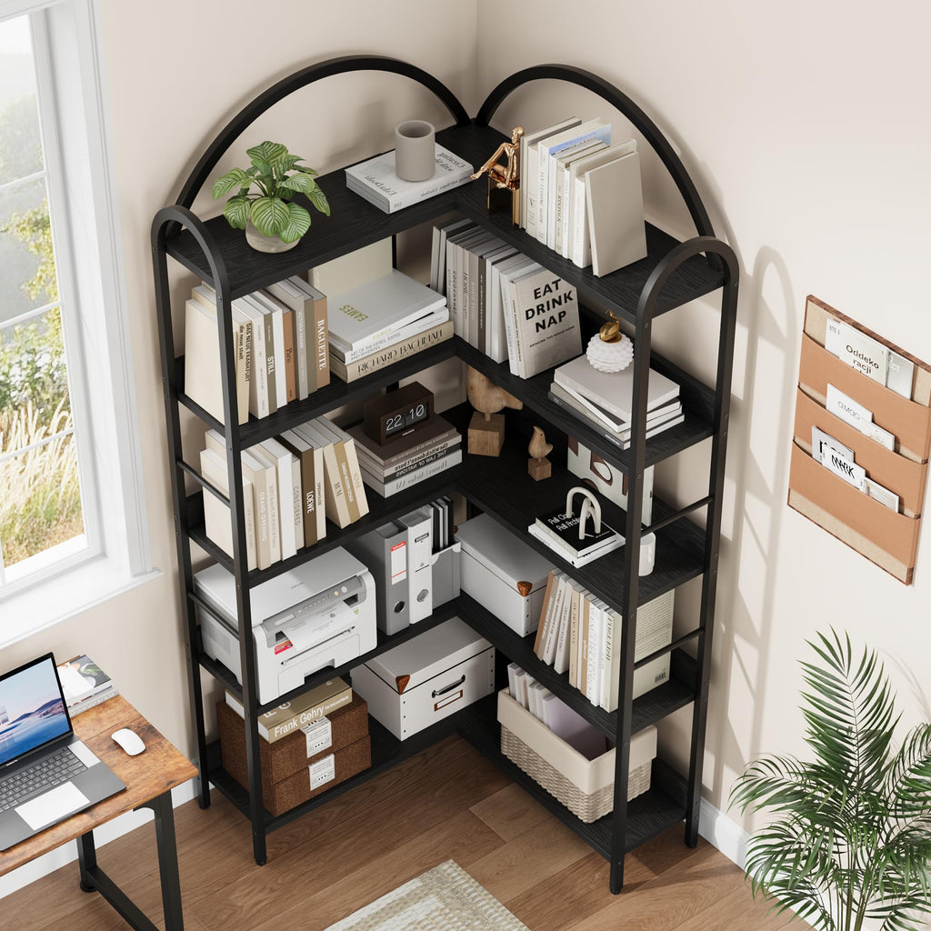 Arched Bookshelf Corner Bookcase, L Shaped Bookshelf Industrial Corner Bookshelves, Large Bookcase with Metal Frame
