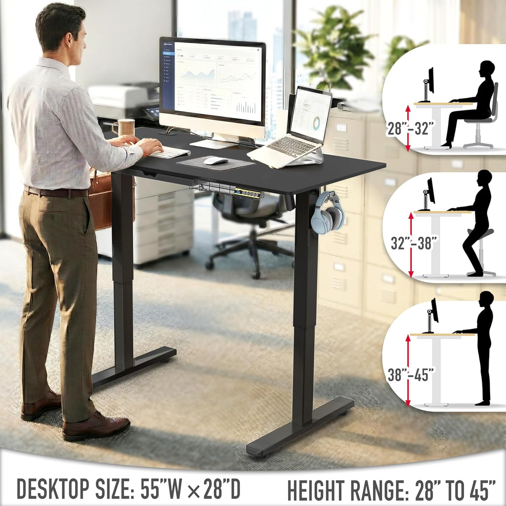55 x 28 Electric Height Adjustable Standing Desk w/Drawer, Black | w/ Memory Presets and Cable Management | Drawer
