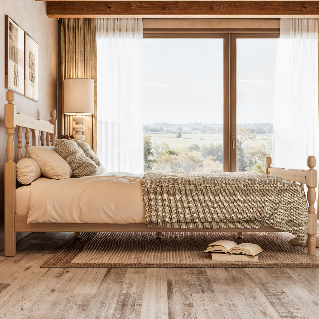 Queen Vintage Wood Spindle Post Bed, Bamboo Platform Bed, Natural