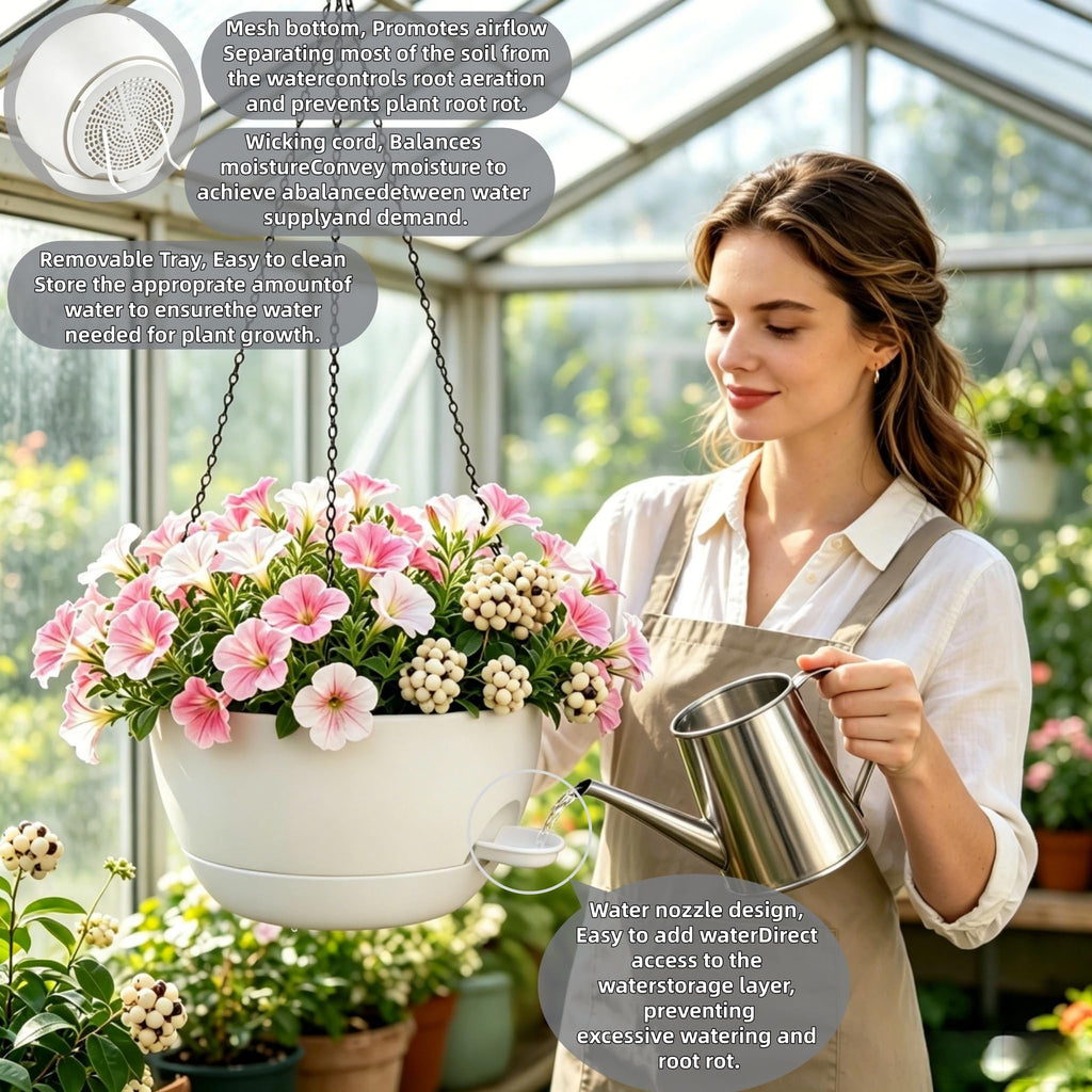12" Self Watering Hanging Planters with Chains, White, 2 Pack