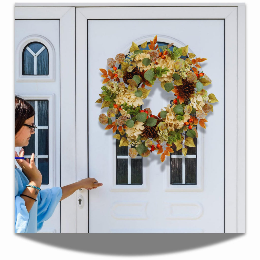 22 in Fall Hydrangea Wreath with Eucalyptus, Pinecones Orange Berries Perfect Autumn Door Wreath for Thanksgiving