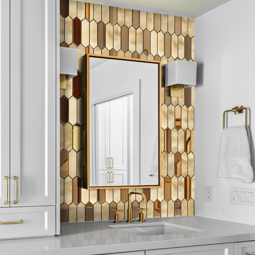 Champagne Gold Tile Long Hexagon Mosaic Tiles Backsplash Wall Bath Shower Floor Real Metal Tile5 Sheets:
