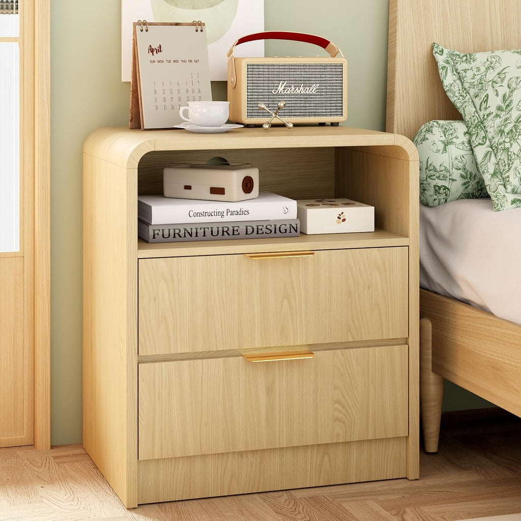 Modern Nightstand,Bedside Table,with 2 Drawers and Open Shelf, Oak Side Table, End Table ,Curved Profile
