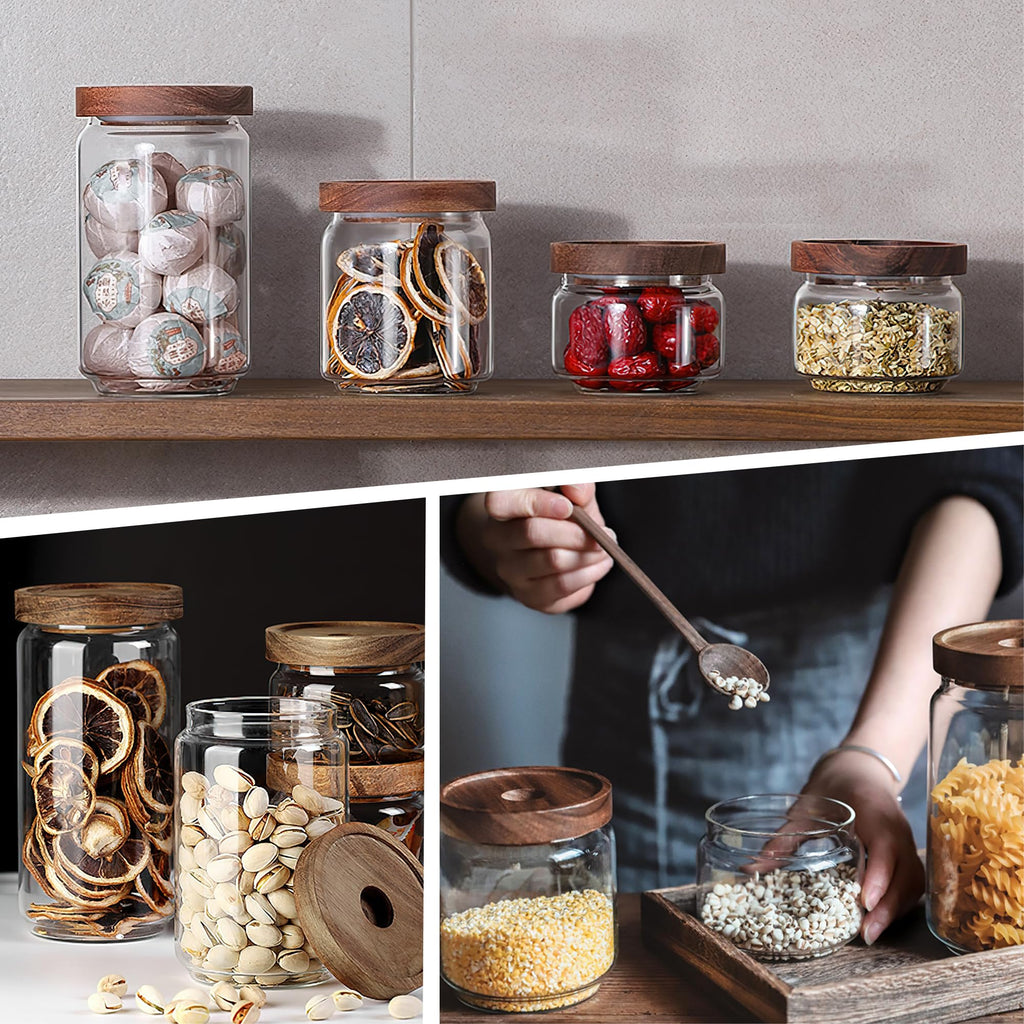 32Oz Clear Cute Glass Storage Canister Holder with Stackable Airtight Wood Lid, Modern Decorative Container Jar
