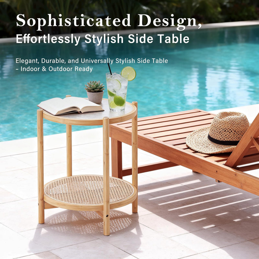 Rattan Side Table, Modern Round Bamboo, Glass Top, Wood