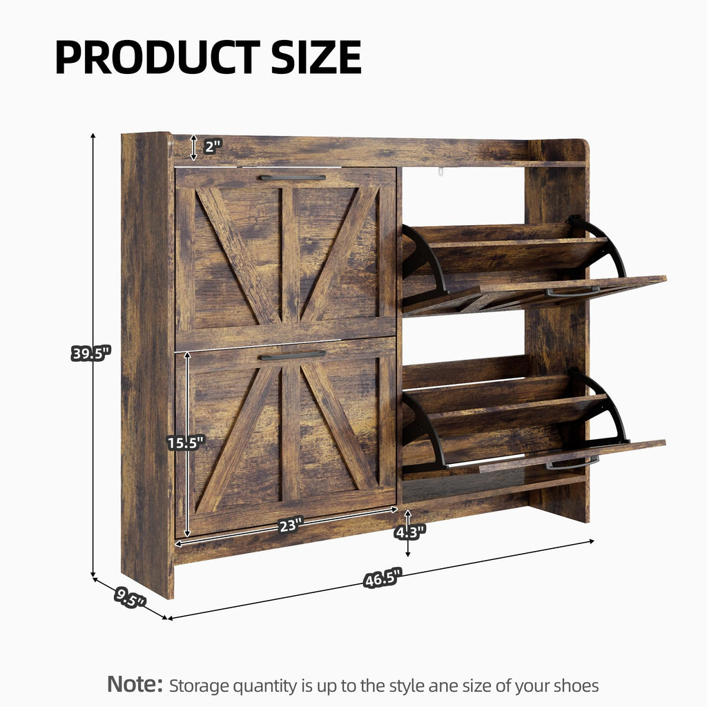 Farmhouse Shoe Storage Cabinet with 4 Flip Drawers, Rustic Brown