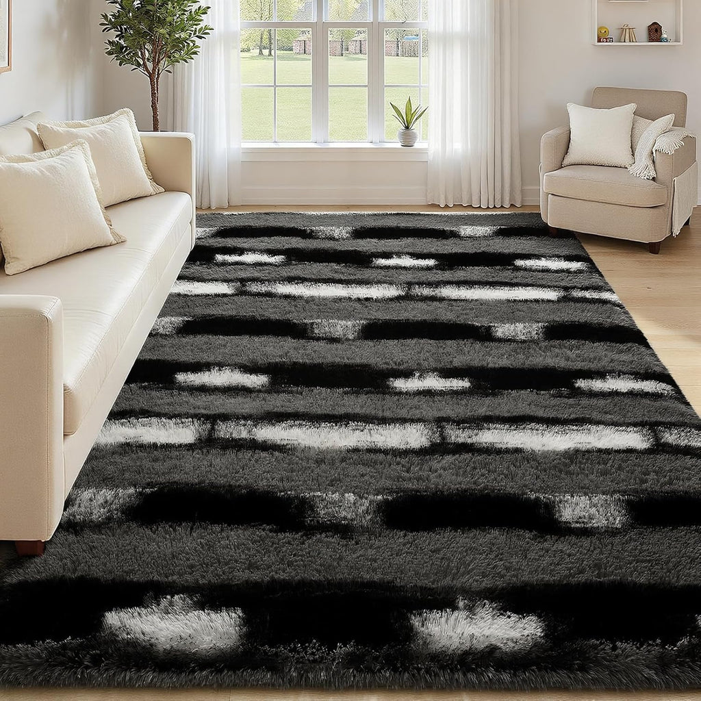 Fluffy Area Rugs for Bedroom Living Room, 4x6 Black and Grey Soft Plush Striped Rug, Modern Indoor Non Slip Washable