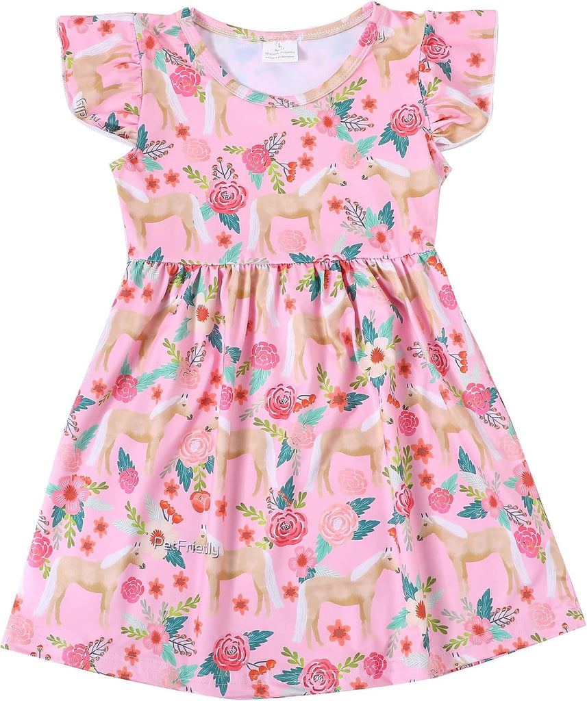 Toddler Girls Casual Dress Farm Animal Horse Print Dresses Flutter Sleeve Clothes