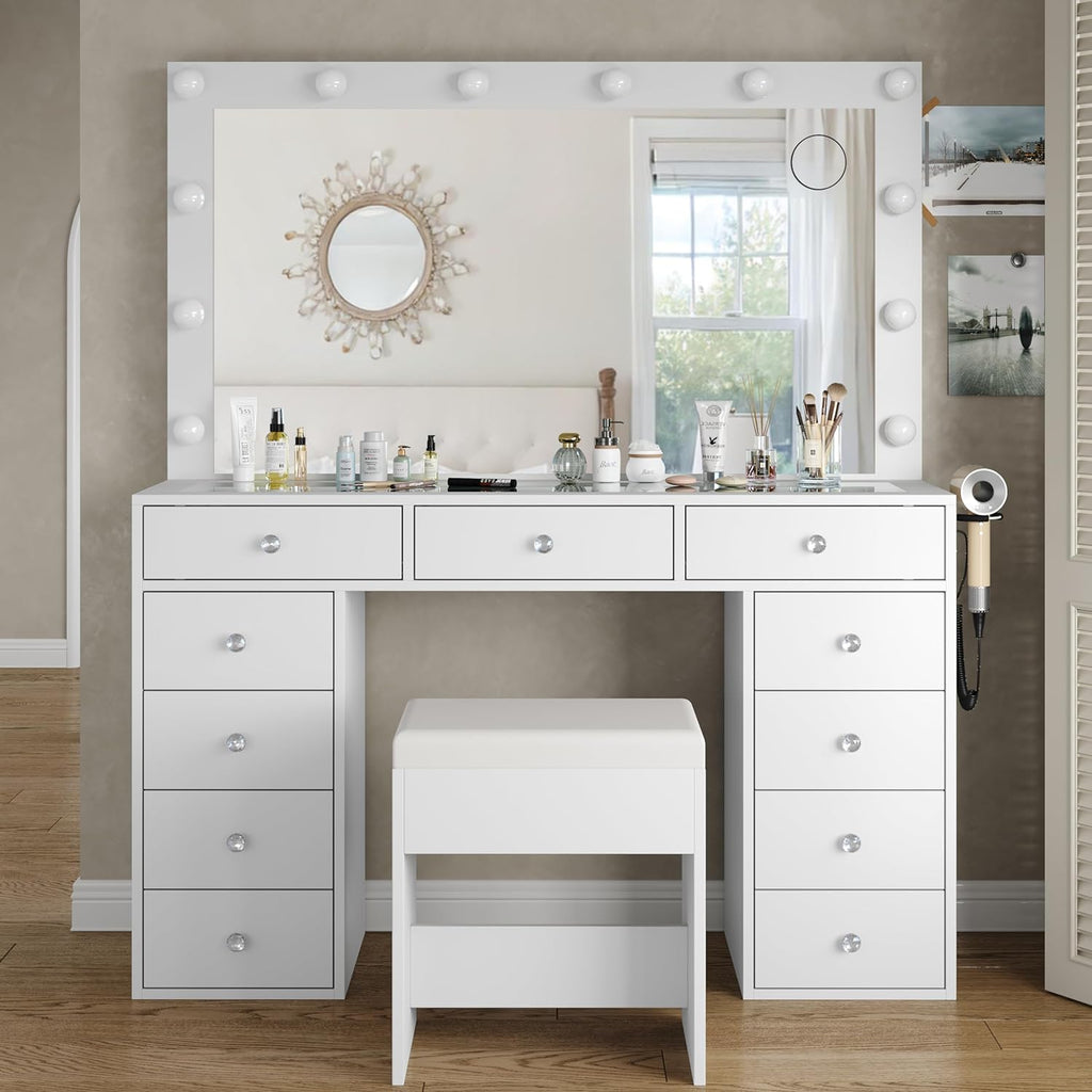 Vanity Desk & Power Outl, Makeup Vanity with Mirror and 12 LED Lights, Makeup Table with 11 Drawers, Vanity Table