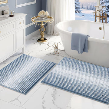 Bathroom Rugs Sets 2 Piece, Non Slip Striped Bath Mats, Fog Blue