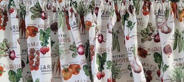Vegetable Farm Fresh Kitchen Curtain, Farm Themed, Tomatoes, Carrots, Bell Peppers, White Kitchen Curtain (42-43