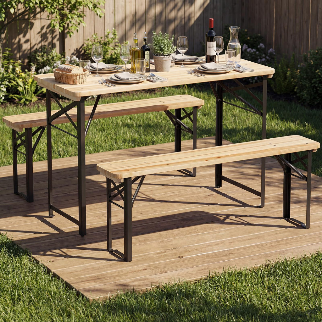 3 Piece Folding Picnic Table with 2 Benches, Foldable Wood Picnic Table Bench Set with Heavy-Duty Metal Frame for 4